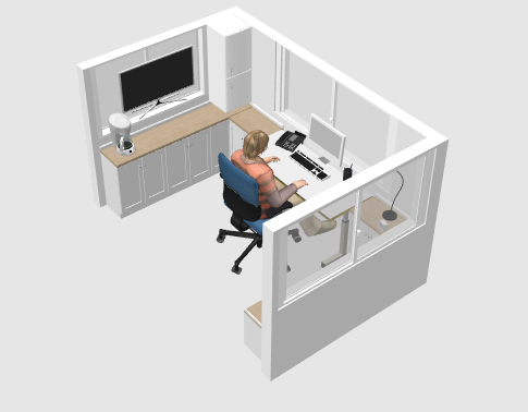 Micro Cabin Interior 3D. Use as an Office. Person Sitting at Desk.